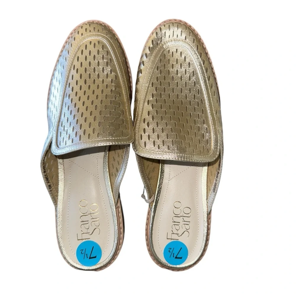 NEW Franco Sarto Aimee Gold Loafer Mule Slip On Eyelet Detail Comfort 7.5